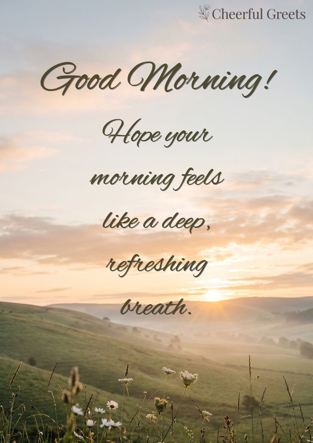 Good morning blessings image with a golden sunrise over a mountain lake.