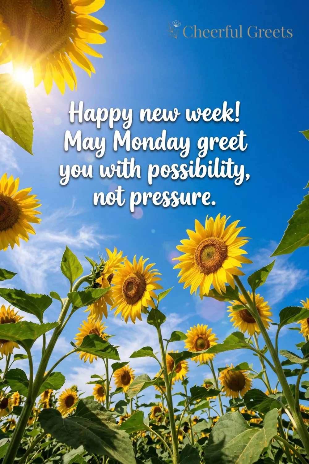 New week blessings quote over a field of sunflowers under a bright blue sky