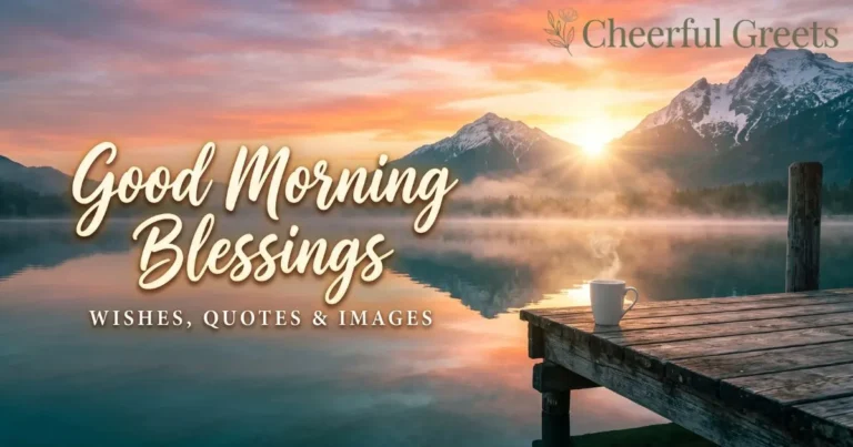 Good morning blessings image with a golden sunrise over a mountain lake and a steaming coffee cup