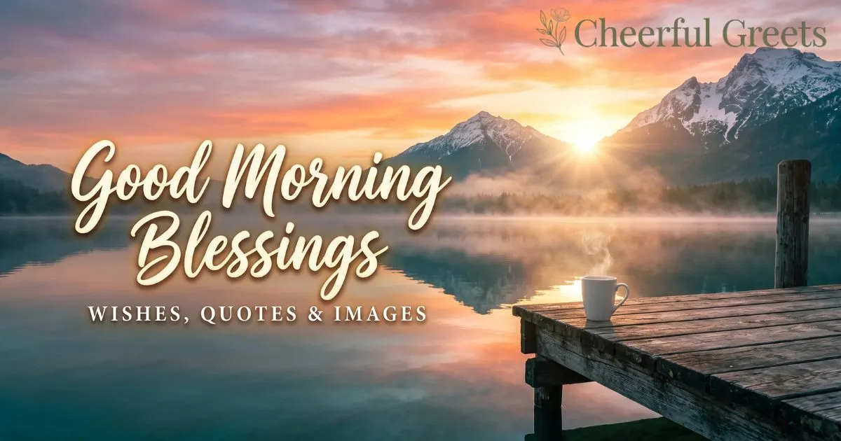 Good morning blessings image with a golden sunrise over a mountain lake and a steaming coffee cup