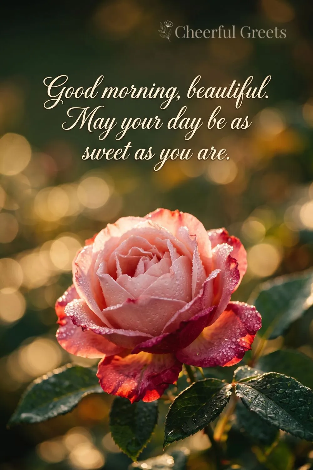 Good morning blessings for her with a dewy pink rose in golden sunrise light