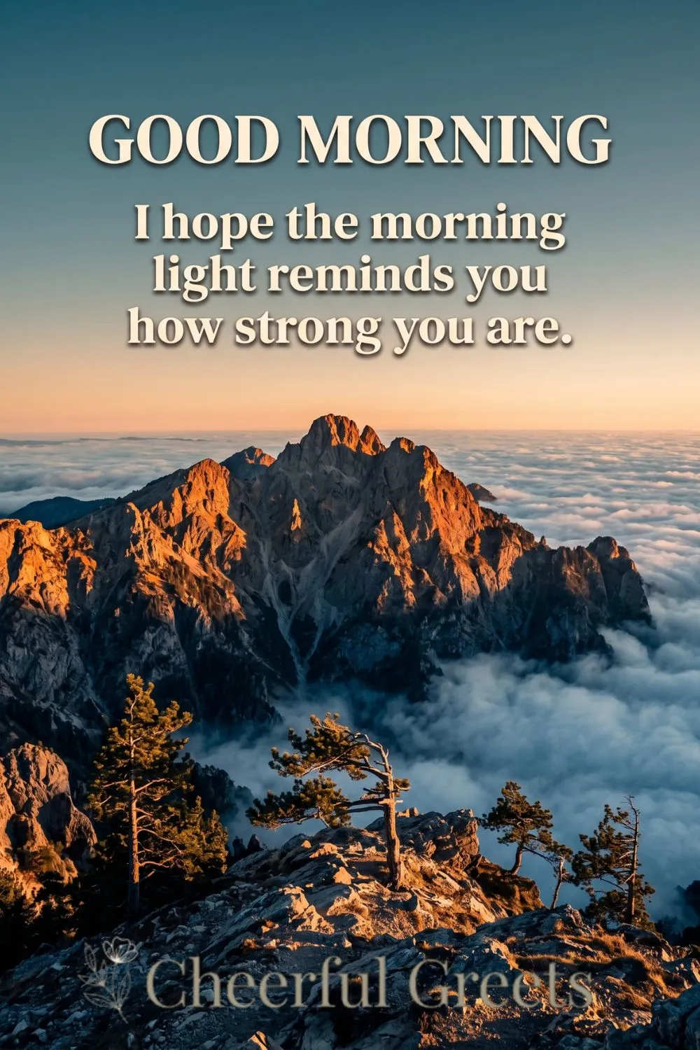 Good morning blessings for him with a mountain peak rising above the clouds at sunrise