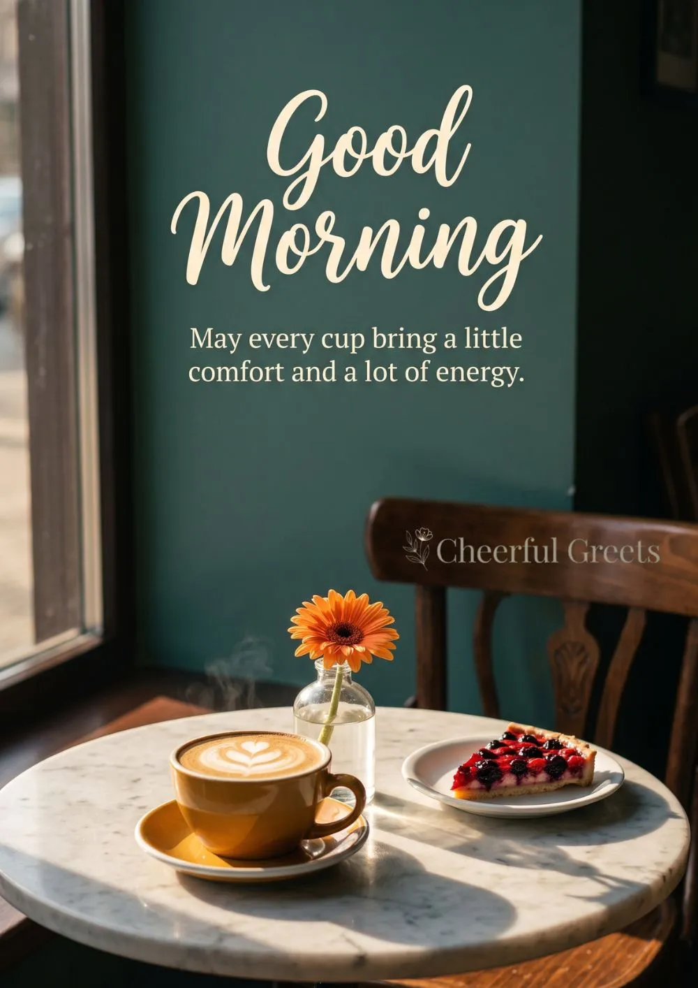 Good morning coffee time quote with a heart latte art cup on a windowsill