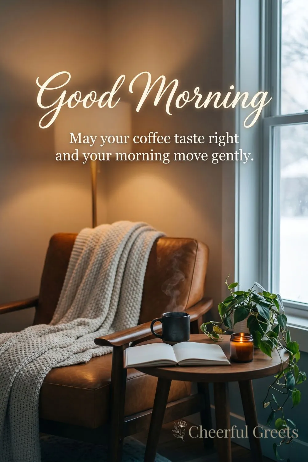 Good morning coffee blessing with a latte and berry tart on a café table by the window