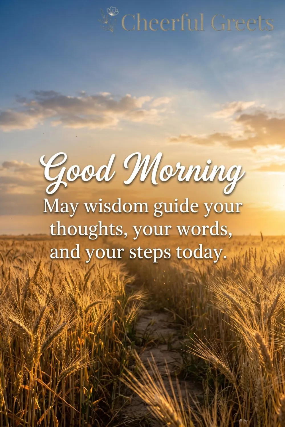 Good morning blessing over a golden wheat field with a path leading to the sunrise