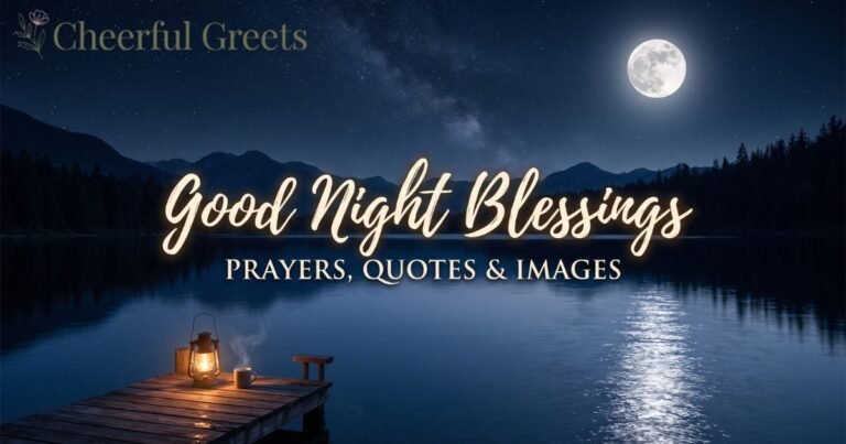 good night blessings image with a full moon over a calm mountain lake and a lit lantern