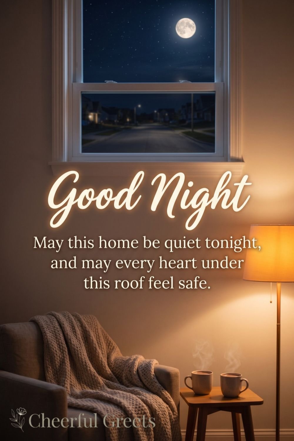 Good night blessing for family beside a cozy living room window with a lamp and blankets