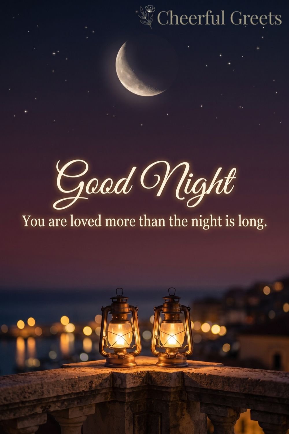Romantic good night message with glowing lanterns under a crescent moon