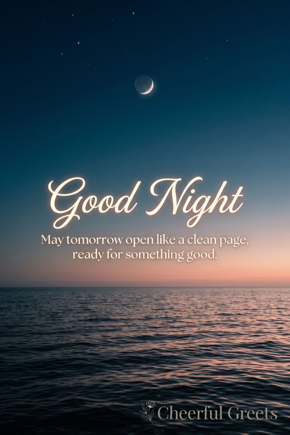 Good night blessing for tomorrow over a calm sea with a faint dawn glow and stars