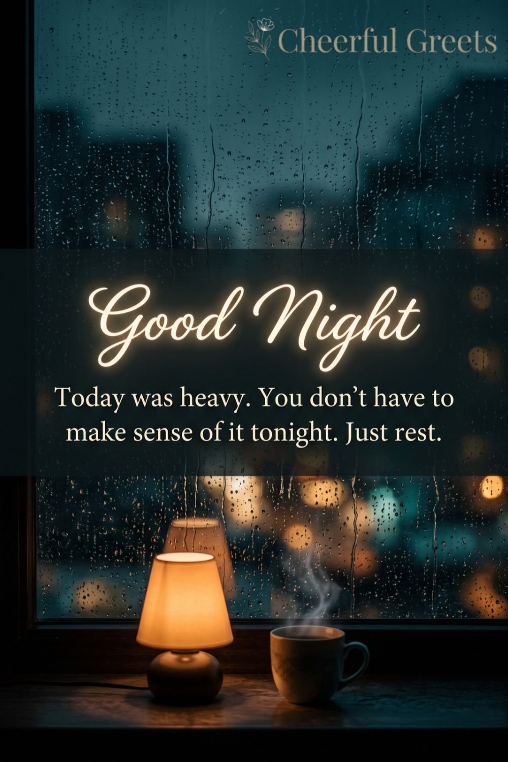 Comforting good night message by a rainy window with warm lamp light and tea