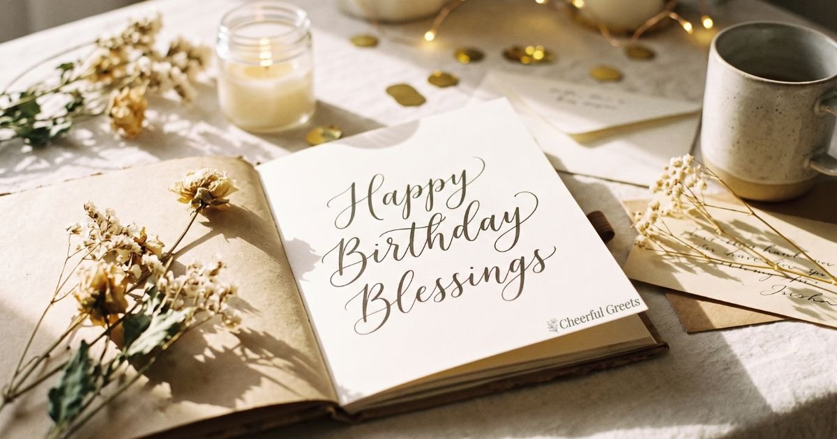 Happy birthday blessings written in calligraphy on a card with dried flowers and a lit candle
