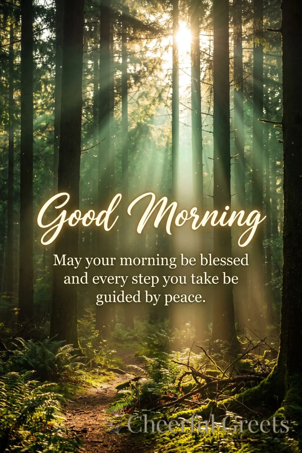 Spiritual good morning blessing with golden sunbeams streaming through a misty forest
