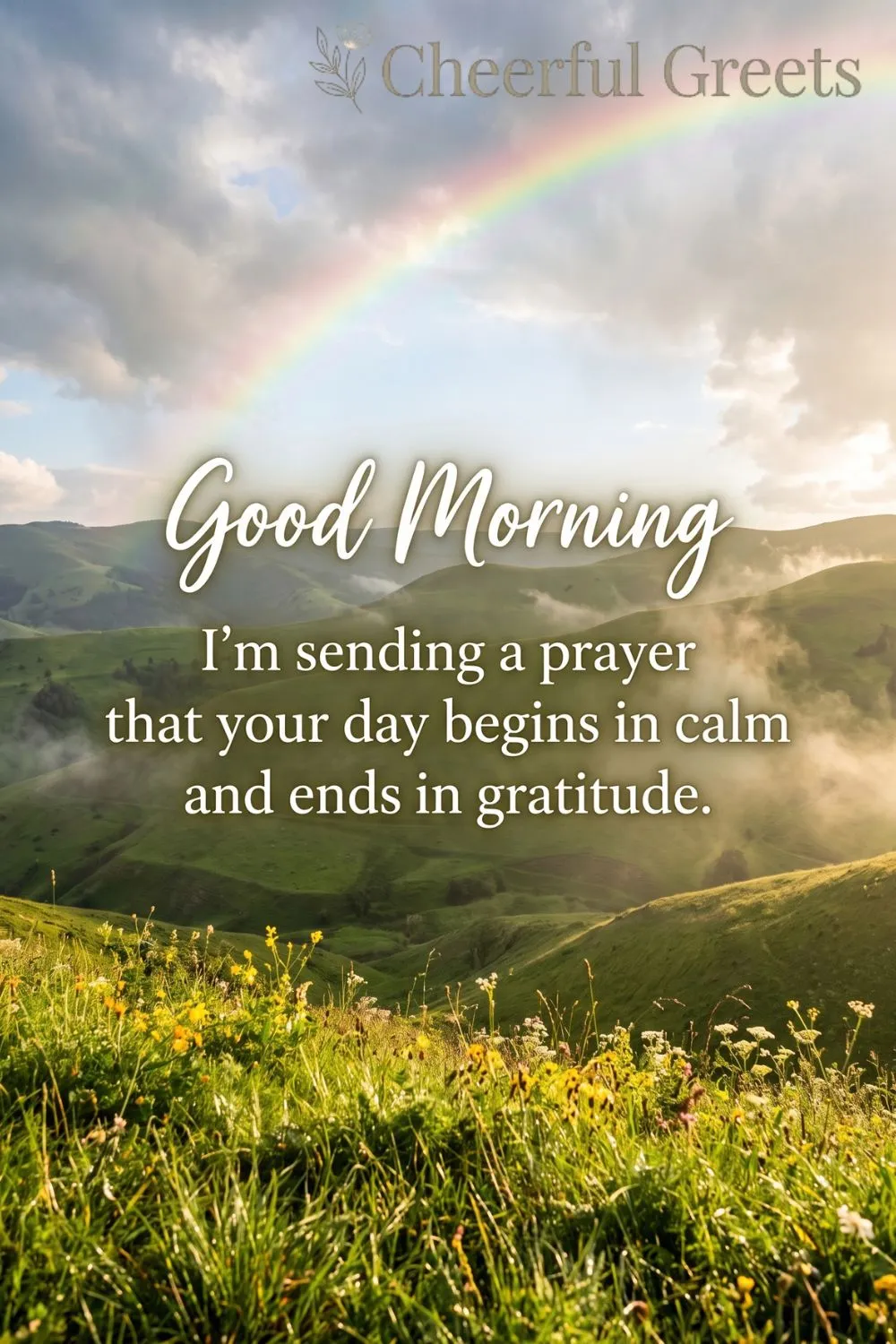 Good morning prayer blessing with a rainbow over green hills after rain