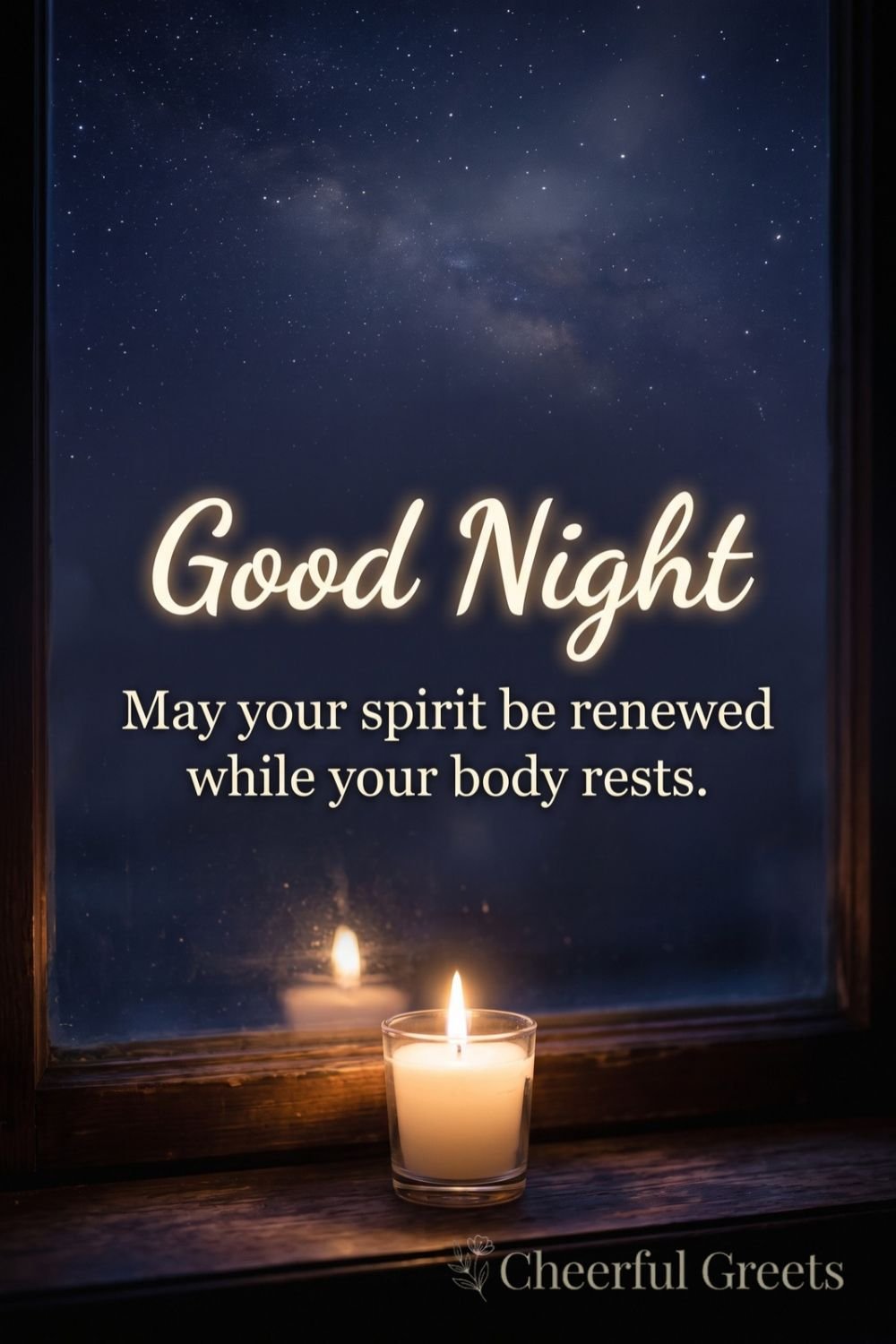 Spiritual good night blessing with a glowing candle at a window under a starry sky