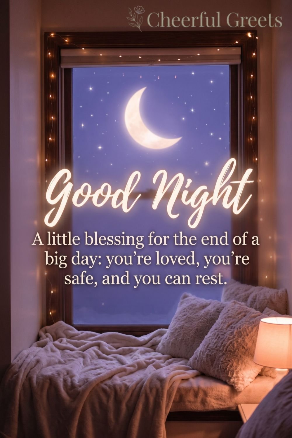Sweet good night message at a cozy window nook with a crescent moon and fairy lights